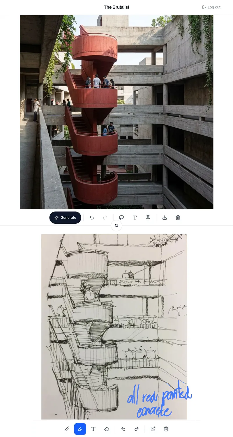 The app on a tablet held upright: the render of a red spiral stair in a concrete courtyard above, the pen sketch below with a blue handwritten note, all red painted concrete, and a toolbar under each
