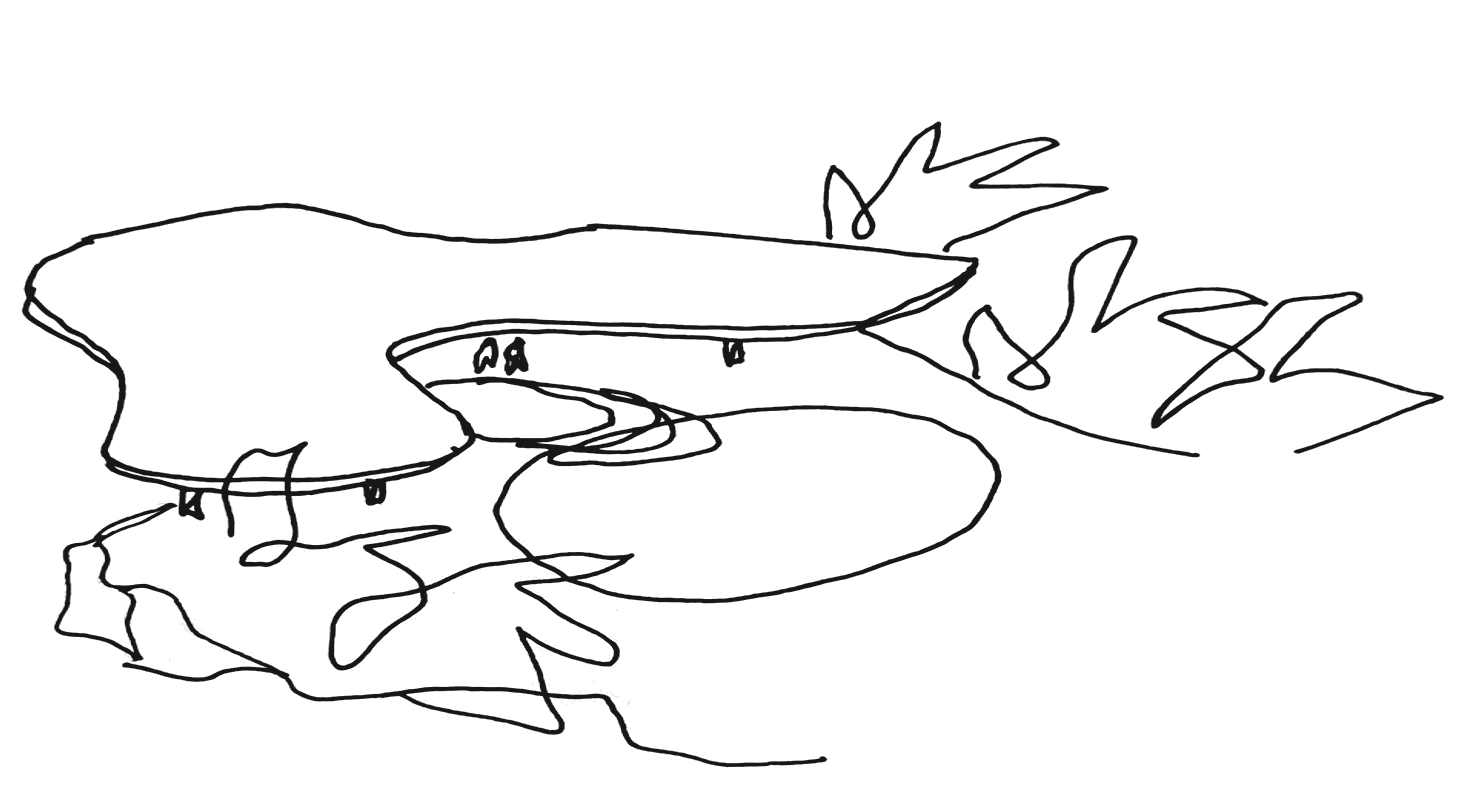 Loose pen sketch of a free-form roof slab on thin legs, sheltering two small figures, over rocks and a round pool, with plants behind. A blue note, rock pool, has an arrow pointing at the pool.