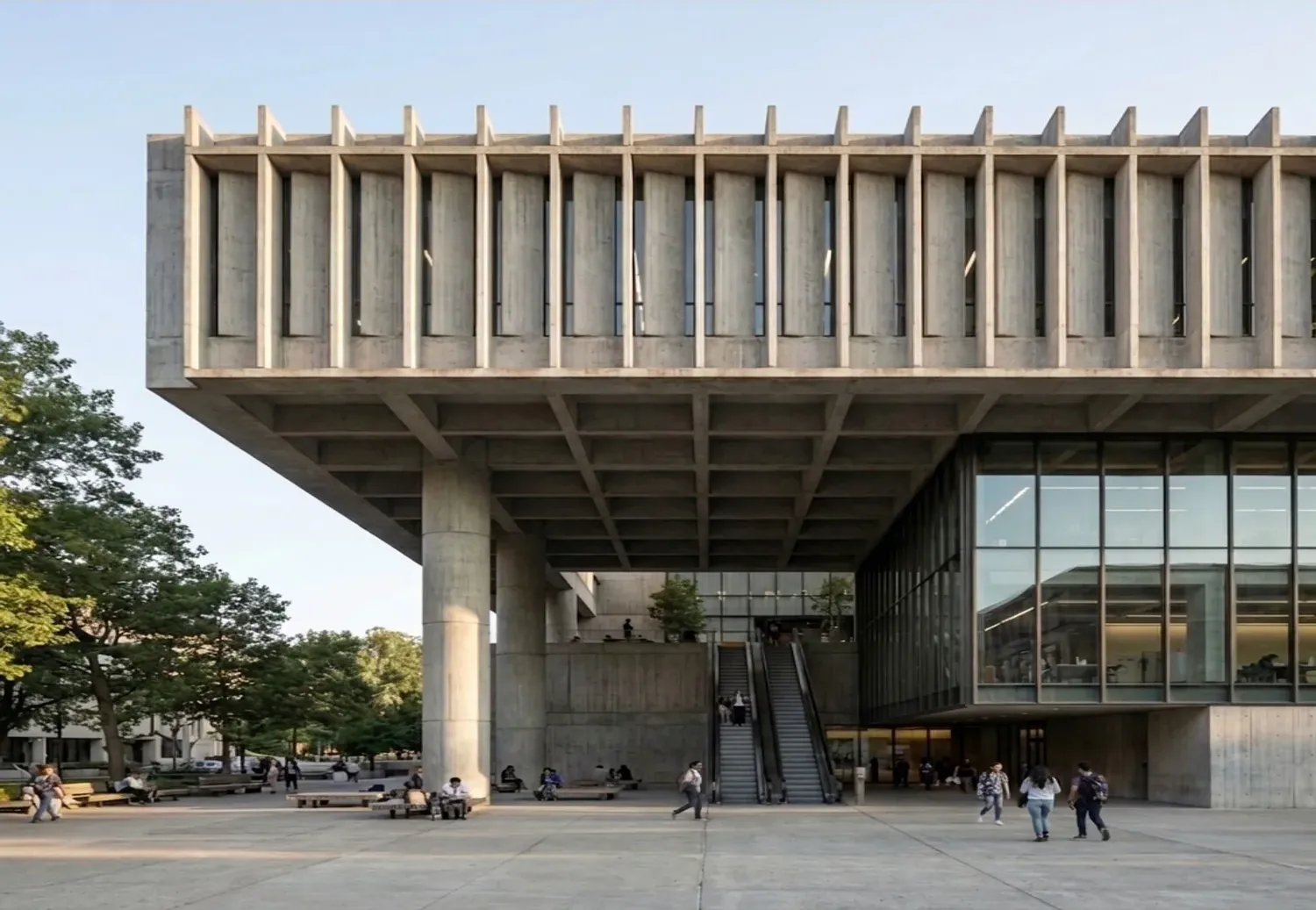 The render of the same sketch: concrete fins over a coffered canopy on two legs, a glass box to the right, escalators to the plaza, people crossing