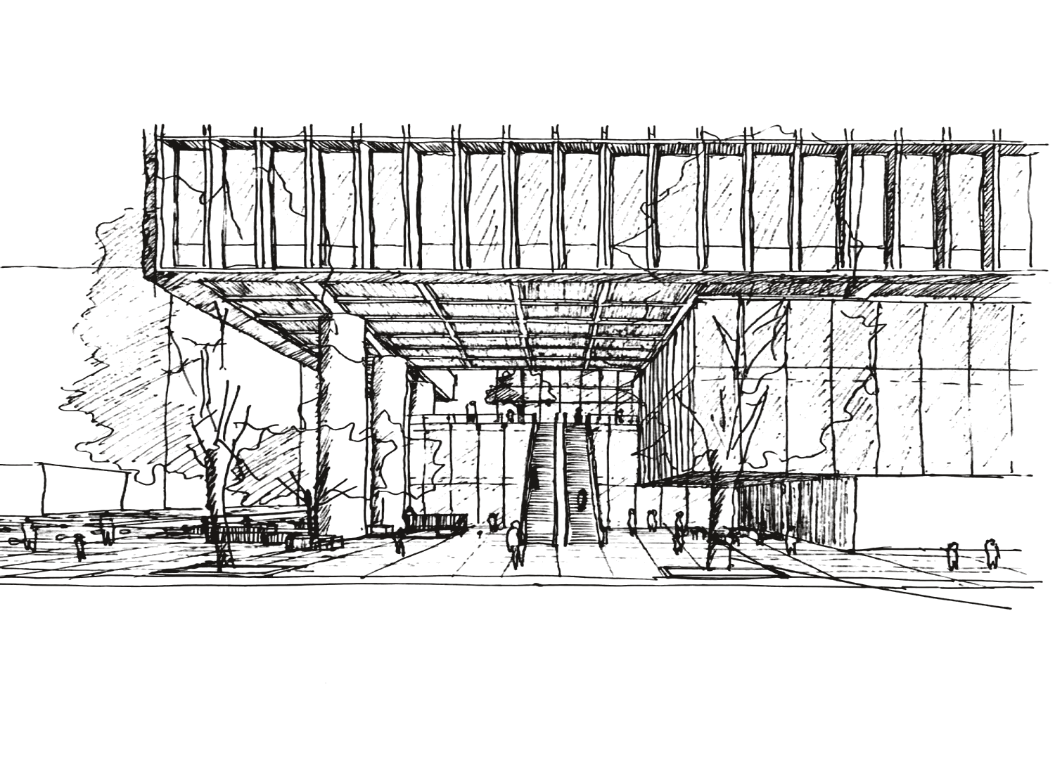 Pen sketch: a long building raised on legs, a band of deep concrete fins, a coffered soffit and an escalator rising to the entrance, trees and people on the plaza