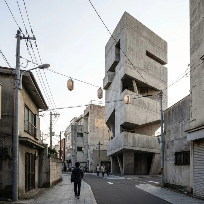 The first render: a grey concrete tower of stacked, shifted boxes in a narrow street, a man walking