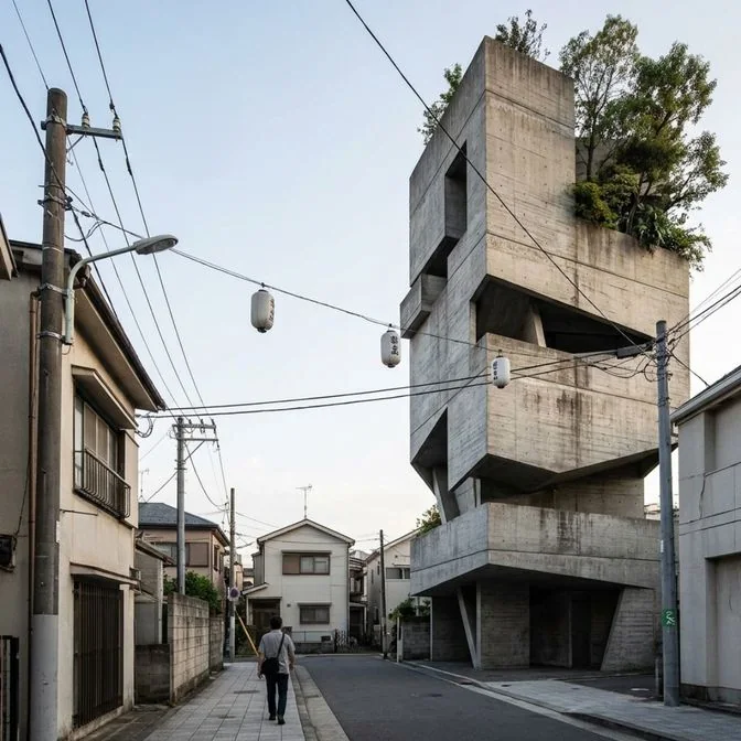 The next render: trees growing on the tower's roof, small pitched-roof houses at the end of the street
