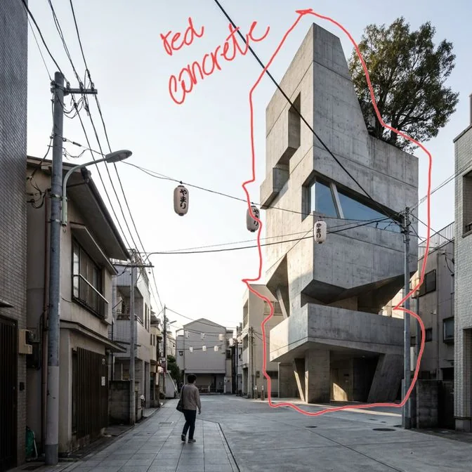 The pinned render with a red hand-drawn loop around the tower and the words red concrete written in red
