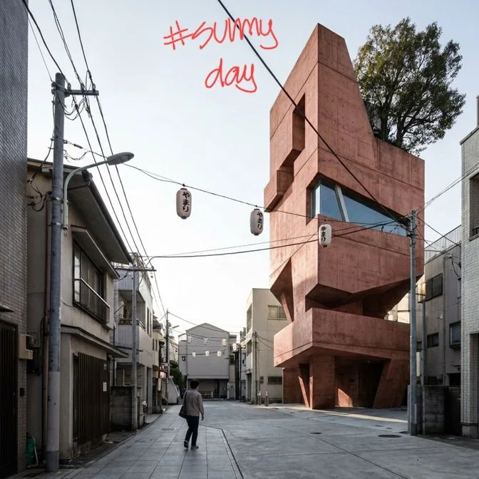 The same render with only the tower changed to red concrete, and a new red note: #sunny day