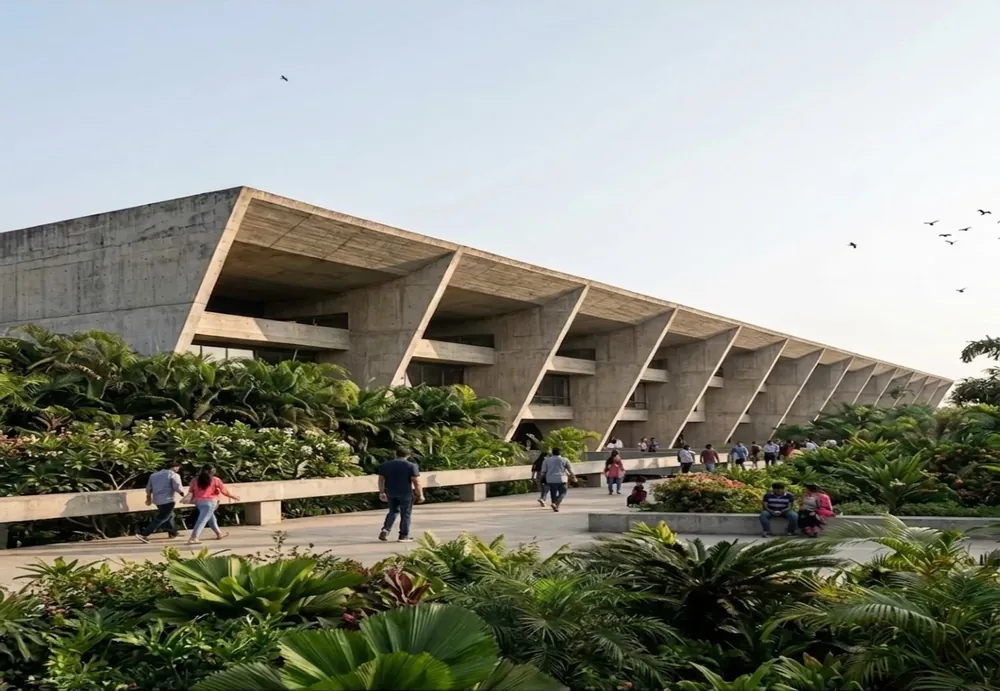 Render: a stepped concrete building over a tropical garden, people on the path where the sketch drew them