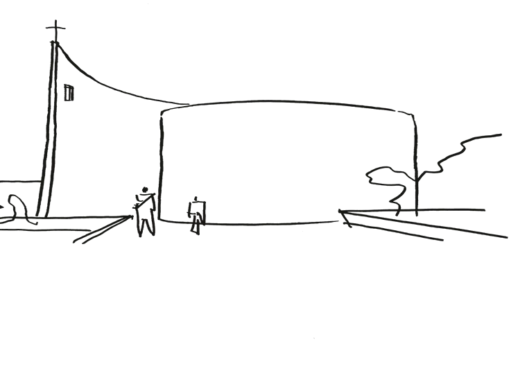 A few pen lines: a curved wall, a thin tower with a cross, two small figures