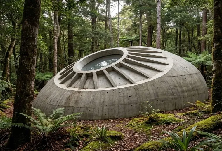 Render: a board-marked concrete dome with radial fins around an oculus, in a fern forest
