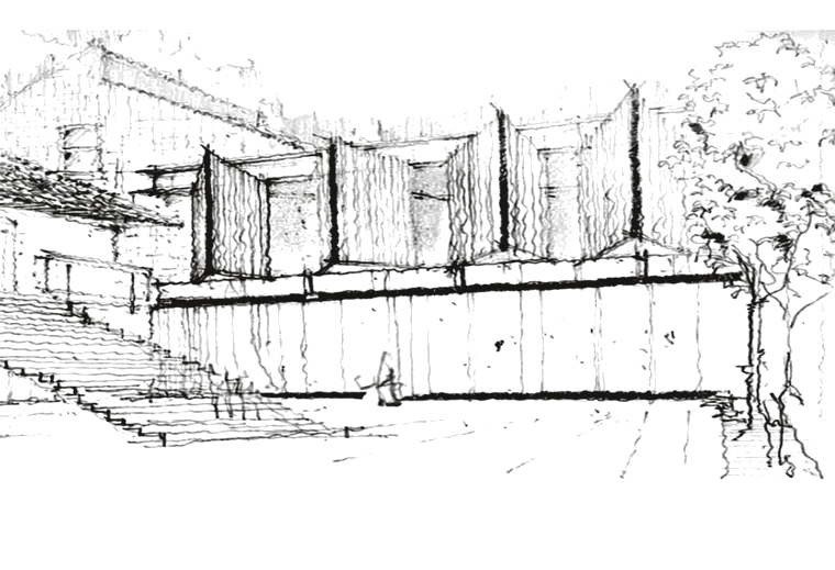 Pencil sketch: a concrete extension with deep vertical fins beside an old pitched-roof house, steps in front