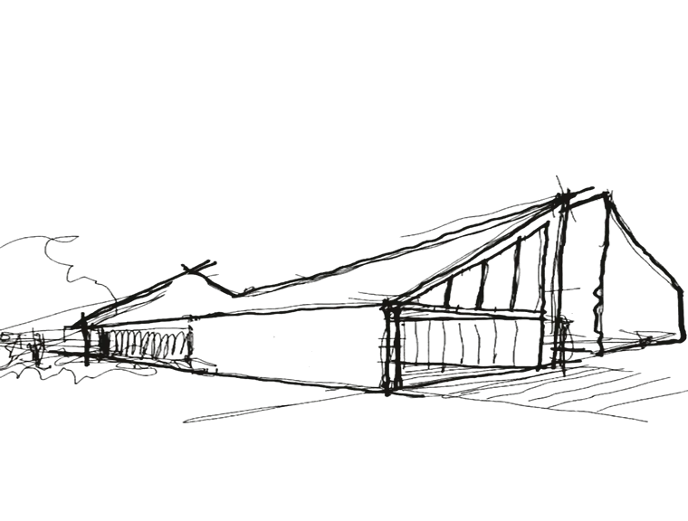 Pen sketch of a long low building under a folded roof that rises to a glazed gable